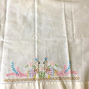 Vintage table runner cloth embroidered peacocks in center OSK